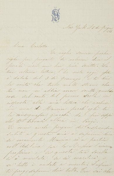 Amalia PATTI (1831-1915) soprano italienne. L.A.S. «Amalia», New York 5 juin 1868, à sa soeur la chanteuse Carlotta Patti à Trouville; 2 pages in-8 à son chiffre, enveloppe; en italien.Elle se plaint de ne pas recevoir de lettres, et notamment de réponses à ses questions concernant le pauvre Scola, et si Maurice partira l?hiver prochain en Russie avec Adelina, sur le mariage de laquelle elle s?interroge..