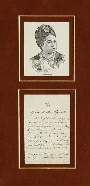 Therese TIETJENS (1831-1877) soprano allemande. L.A.S., à Mrs Hogarth; 2 pages in-12 à son chiffre en anglais (encadrée avec portrait).Elle espère qu?elle recevra à temps l?invitation pour ses trois matinées