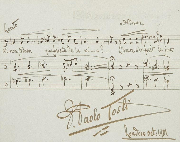 Francesco Paolo TOSTI (1846-1916) compositeur italien. P.A.S. musicale, Londres octobre 1901, envoyée à Mlle Renée Stern à Bruxelles; 1 page obl. in-12, enveloppe.Extrait de la mélodie Ninon, 7 mesures pour chant et piano avec les paroles: «Ninon, Ninon, que fais-tu de la vie ?... L?heure s?enfuit le jour»... On joint une carte de visite avec une ligne autogr