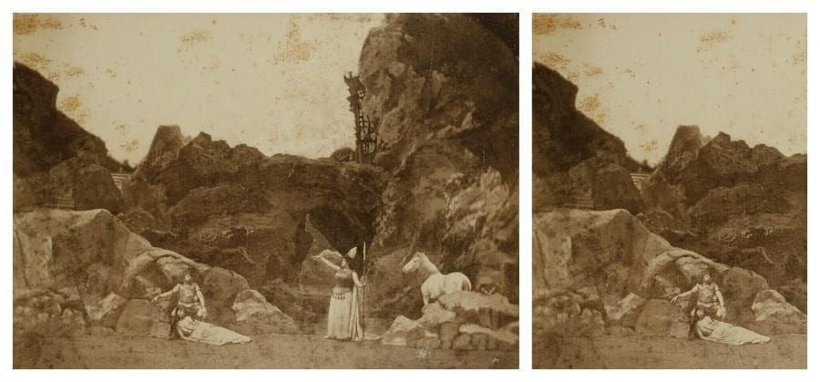 La WALKYRIE. Photographie, 1887; héliogravure, 21 x 29,5 cm, rouss. (encadrée).Création de La Walkyrie au Théâtre Royal de la Monnaie à Bruxelles le 5 mars 1887 (version française de V. Wilder): Félia Litvinne (Brünehilde), Émile Engel (Siegmund), Marguerite Martinei (Sieglinde).On joint une belle photographie dédicacée de Henri Seguin dans le rôle de Wotan par G. Dupont-Eméra, avec une carte de visite a.s. remerciant d?un article élogieux sur son interprétation de Wotan
