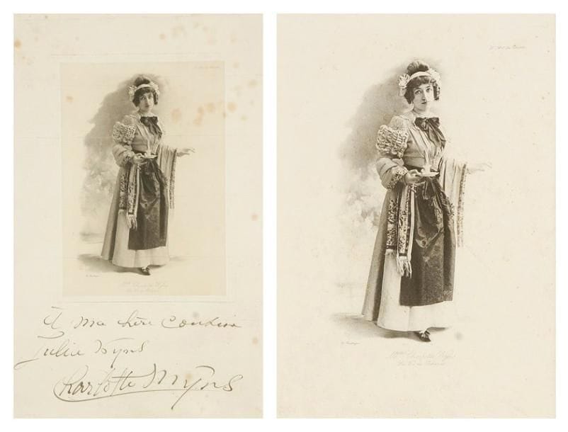 Charlotte WYNS (1868- ?) mezzo-soprano française. Photographie dédicacée; 40 x 27 cm (sous verre).Photographie en héliogravure, cliché Reutlinger (pour L?Art du Théâtre), la représentant dans le rôle de Mimi dans La Vie de Bohème de Puccini, avec dédicace: «à ma chère cousine Julie Wyns Charlotte Wyns». On en joint une autre non dédicacée (encadrée)