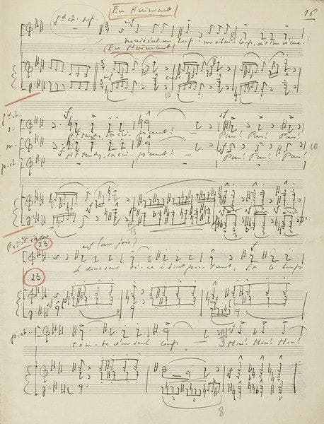 Henri BUSSER
«Double choeur pour voix de femmes et d?enfants, avec accompagnement de piano [...] Pour la chorale des lycées de jeunes filles de Paris», sur un poème de Guy de Teramond: «Dans la forêt où rien ne bouge»... L?oeuvre commence en la majeur à 3/4, Très Allant (quasi All°). Le manuscrit, à l?encre noire sur papier à 20 lignes, avec marques de crayon rouge, est daté en fin «Paris Août 35»; il a servi pour la gravure chez Alphonse Leduc en 1935