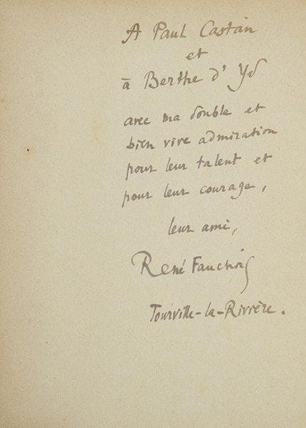 [Paul CASTAN (1899-1987) comédien, metteur en scène, inventeur du théâtre radiophonique]. Livres à lui dédicacés.René Fauchois, Le Bateau ivre (1936, à P. Castan et Berthe d?Yd), Beethoven (1936); Edmond Fleg, Le Juif du Pape (1925); Georges Lion, Papotages 1933; Abbé Maillet, Les Petits Chanteurs à la croix de bois (1946), Les Petits Chanteurs d?hier et d?aujourd?hui (1948); Paul Vandenberghe, Le gars Quilleboeuf (1953, 2 ex.). On joint l?éd. de luxe de Beethoven de R. Fauchois (éd. du Dauphin, 1929, avec envoi à Ginette d?Yd, défauts), et Le Bonheur de l?homme, poème impr. de R. Fauchois avec corrections et envoi à Berthe d?Yd et P. Castan