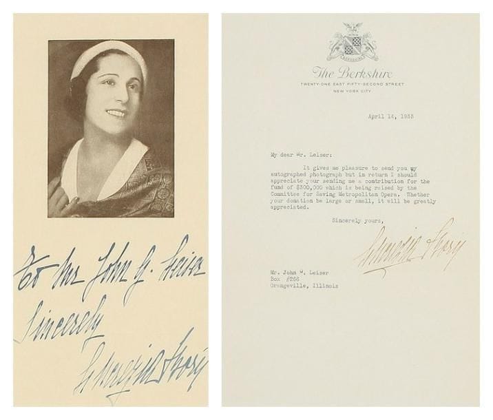 Lucrezia Borja y Gonzalez de Riancho, dite Lucrezia BORI (1887-1960) soprano espagnole. L.S. et photographie dédicacée, New York 14 avril 1933, à Mr John G. Leiser; 1 page in-4,et 18 x 9 (encadrés sous un même cadre).Elle le remercie de sa contribution au fonds de 300.000 $ levé pour sauver le Metropolitan Opera, et elle lui envoie son portrait dédicacé. On joint un programme de son gala du 29 mars 1936 au Metropolitan, avec les signatures de Giovanni Martinelli et Rosa Ponselle (dos cassé)