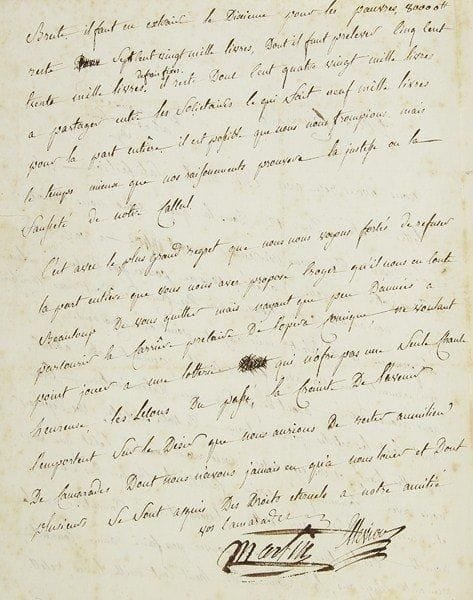 François Elleviou (1769-1842) chanteur, comédien et librettiste
Intéressante lettre sur la nouvelle société du Théâtre Feydeau. Ils seraient certes heureux de se «trouver avec des camarades dont nous cherissons la persone et le talent; mais n?ayant point eu conoissance des arrangements que vous avez faits ensemble pendant notre absence, nous avons desiré, avant de prendre une determination, savoir quels sont les articles fondamenteaux de votre societé, vos depenses annuelles fixes, et vos esperances. Après avoir examiné l?etat que vous nous avez communiqué, avoir calculé les chances des saisons, et quels peuvent être vos recettes, il nous est resté demontré, vu le nombre des theâtres, que vous ne pouvez pas faire année courante, pendant cinq ans, la somme de huit cent mille livres, recette brute», dont il faut enlever le dixième pour les pauvres et les frais fixes, ce qui laisserait 9.000 livres pour la part entière, ce qu?ils refusent: «il nous en coute beaucoup de vous quitter mais nayant que peu d?années a parcourir la carrière precaire de l?opera comique, ne voulant point jouer a une lotterie qui n?offre pas une seule chance heureuse, les leçons du passé, la crainte de l?avenir l?emportent sur le desir que nous aurions de rester au milieu de camarades dont nous n?avons jamais eu qu?à nous louer»..