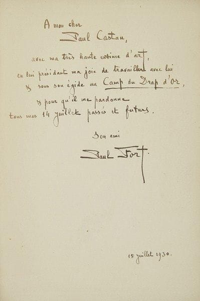 Paul FORT (1872-1960)
L?Amour enfant de Bohème (1930, envoi à Paul Castan), Rois de France (avril 1931, envoi à Ginette d?Yd), Contes de ma Soeur l?Oie (novembre 1931, envoi sur carte jointe à Ginette et à Jean). On joint 2 ex. de l?Anthologie des Ballades françaises (Flammarion, défauts) avec envois à Ginette d?Yd (1930) et à Mlle Simone Bonelli (1949)