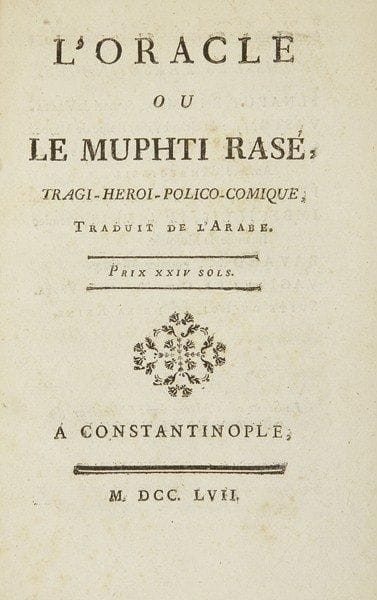 [Charles-François Racot de GRANDVAL (1710-1784)]
Rare édition (Soleinne 3855) de cette pièce du théâtre poissard, mettant en scène Ilnaput, Vasta, Clitorisette, Priapin, Imbecillis, Bavardos et Vaginette ! Ex-libris manuscrit de G. Labiche