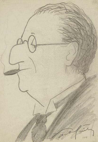 Sacha GUITRY
Tête de profil de l?acteur Lucien Baroux (1888-1968), avec lunettes rondes, fumant un petit cigare. Il joua dans plusieurs films de Guitry: le marquis de Chauvelin dans Remontons les Champs-Élysées (1938), ou le médecin-chef dans Assassins et voleurs (1956)