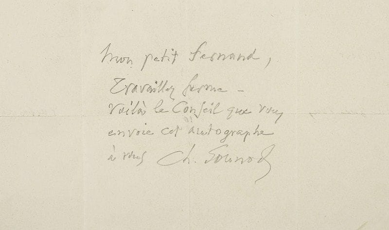[Fernand halphen (1872-1917) compositeur, mort pour la France]. 83 lettres, la plupart L.A.S. à lui adressées par des musiciens ou écrivains.Camille Andrès, André Bloch (10, 1894-1902), Alfred Bruneau (2), Edmond Clément (2), Coquelin Cadet, Bernard Crocé-Spinelli (8, 1897-1914), Édouard Detaille (2), Camille Erlanger (4, 1902-1904), Cesare Galeotti (10, 1897-1907), Stan Golestan (2, 1903), Charles Gounod («Mon petit Fernand, Travaillez ferme. Voilà le conseil que vous envoie cet autographe»), André-Ferdinand Herold (5, 1900-1902, au sujet du livret du Cor fleuri), Henri Hirschmann (6, 1893-1897), Henri Lutz (5, 1891-1902, plus note d?Halphen sur le concours de Rome 1891 et coupures de presse), Lucien Muratore (2), Charles Risler (architecte, 6, 1893-1901), Georges Rivollet (5, 1897-1898, sur un projet de livret), Florent Schmitt (2, 1895-1900), Paul Vidal (7, 1889-1896)