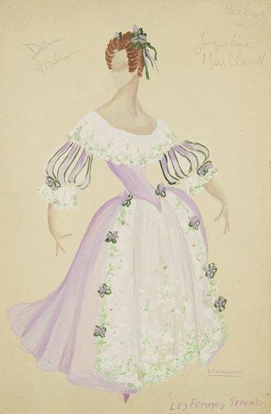 André LEVASSEUR (1927-2006)
Costumes de femmes pour Les Femmes savantes de Molière, montées au théâtre des Bouffes-Parisiens en novembre 1960 par Jacques Charon, dans des décors et costumes de Levasseur: Armande (Judith Magre), Henriette (Nicole Denis), Bélise (Jacqueline Maillan), Philaminte (Hélène Duc) et Martine (Nicole Vassel)