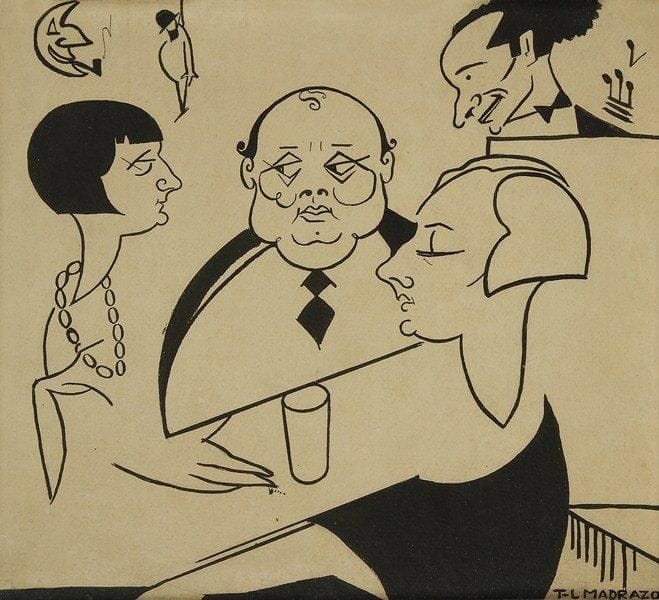 Tito Livio de MADRAZO (1899-1979)
Scène de bar: un homme corpulent est en conversation avec deux femmes, tandis que joue un pianiste; au fond, un pendu et un quartier de lune fumant la pipe