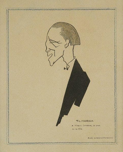 Tito Livio de MADRAZO (1899-1979)
Portrait de profil de cet homme au nez de boxeur écrasé, signé et dédicacé: «T-L Madrazo à Marcel Campion, le jour de sa fête. Paris xxvii.vii.mcmxxvi»