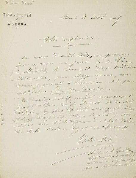 MUSIQUE. 21 lettres ou pièces, la plupart L.A.S.Adolphe Adam (à Guyot-Sionnest, 1837), D.F.E. Auber (3, et 2 portraits), Paul Barroilhet (lettre et P.A.S. musicale), Henri Berton (contrat, 1818), Adrien Boieldieu, Luigi Bordèse, Oscar Comettant, Félicien David (3), Alexis de Garaudé (2), Fromental Halévy (à Gustave Vaëz), Victor Massé (note relative à sa mélodie-villanelle Fleur de bruyère composée pour la Reine d?Espagne, 1867), Giovanni Pacini (et autres), Ferdinando Paër, Louis-Alexandre Piccini (contrat, 1818), Émile Prudent