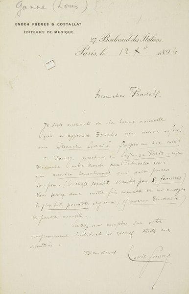 MUSIQUE. 50 lettres, la plupart L.A.S.Alfred Bruneau (6), Cécile Chaminade, Édouard Colonne (2), Théodore Dubois, Paul Dukas, Jacques Durand, Camille Erlanger, Gabriel Fauré, Louis Ganne, Benjamin Godard (2), Ernest Guiraud, Eugène d?Harcourt, Pierre Lalo (3), Raoul Laparra (2), Alexandre Lavignac (3), Charles Lecocq, Félia Litvinne (2), Antoine Mariotte (6), Jules Massenet, André Messager, Max d?Ollone, Gabriel Parès, Gabriel Pierné (au sujet de Vendée), Robert Planquette, Ernest Reyer (2), Gaston Serpette (3), Ambroise Thomas, Francis Thomé, G. Wettge. Plus une plaquette Hommage à Massenet