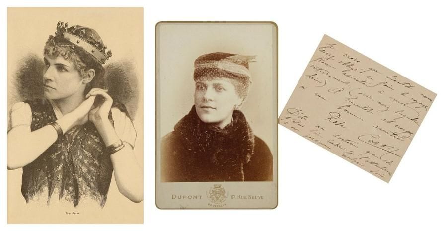 Rose CARON (1857-1930) soprano française. 3 L.A.S., 1885 et s.d. (plus 2 cartes de visite autogr.).Au Dr Max à Bruxelles: elle a fait une forte chute sur le plancher du théâtre, a un épanchement sanguin au genou, et doit garder la chambre; sa toux n?a pas diminué. À son cher Benjamin: «je suis assez détraquée. Je crois que bientôt vous serez obligé de faire le voyage pour assister à mon enterrement»... On joint une belle photographie par Dupont à Bruxelles (in-8); plus une gravure extraite d?un journal allemand (encadrée)
