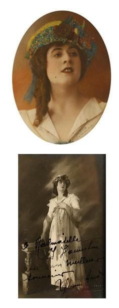 Yvonne ANDRY (1894-1973) mezzo-soprano belge. Portrait signé en bas à droite par Jean Maury, artiste-peintre et photographe à Bruxelles; médaillon ovale 29 x 22 cm à vue (encadré).Belle photographie colorisée et rehaussée au pastel d?Yvonne Andry dans le rôle de Charlotte dans Werther de Massenet. On joint une photographie avec dédicace autographe signée dans le même rôle (carte postale encadrée)