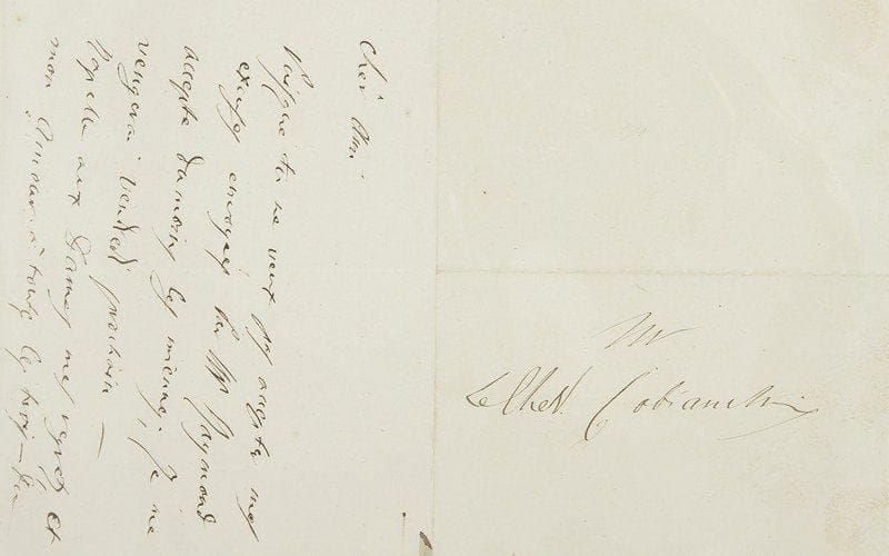 Gaetano DONIZETTI (1797-1848) compositeur italien. L.A.S. «D», au chevalier Cobianchi; 1 page obl. in-12, adresse (2 portraits joints).«Puisque tu ne veux pas accepter mes excuses envoyées par Mr Raymond accepte du moins les miennes; je me vengerai vendredi prochain. Rappelle aux dames mes regrets, et mon amour à toutes les trois»