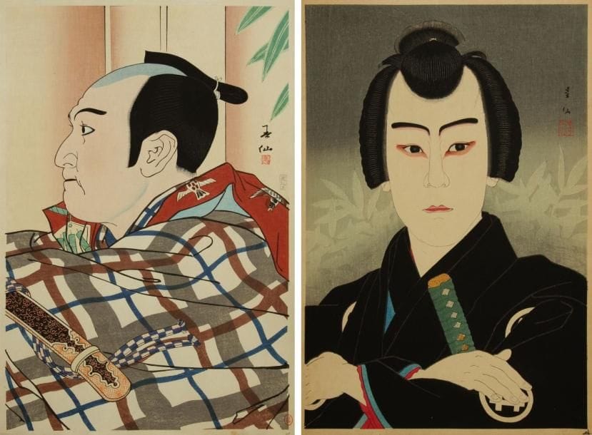 JAPON - XXe siècle Natori Shunsen (1886-1960)
Deux dai oban tate-e de la série des 36 portraits d'acteurs, Ichiikawa Sumizo dans le rôle de Gonpachi, Bando Mitsugoro dans le rôle du paysan Manbei. Signé Shunsen et suivi du cachet rouge de l'artiste. Tirage tardif pour le premier, tirage de 1927 pour le second.On y joint un chuban tate-e, portrait d'un acteur de face