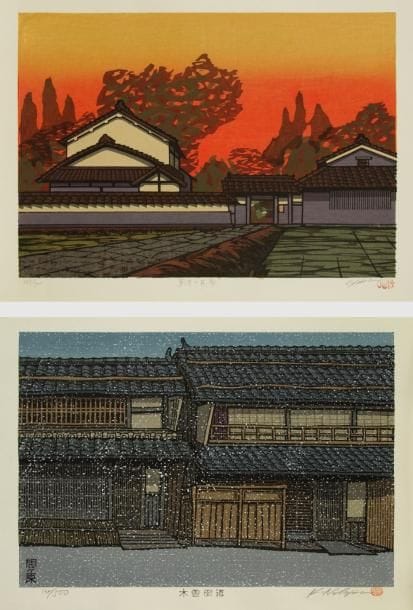JAPON - XXe siècle Katsuyuki Nishijima (né en 1945)
Ensemble de 11 estampes dai oban représentant des vues de villages, crépuscules, des parasols, lanternes et paysage enneigé. Toutes signées et numérotées au crayon gris sur 500.Dim.: 46 x 34 cm