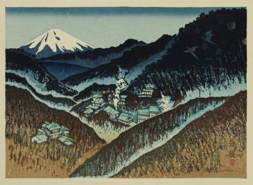 Jun'ichiro Sekino (1914-1988)
Dai oban yoko-e, vue du Mont Fuji depuis une vallée. Signée en bas à droite du cachet de l'artiste et au crayon gris Jun. Sekino, le papier portant un filigrane "Jun. Sekino" dans la marge inférieure.Dim. 42 x 55 cm