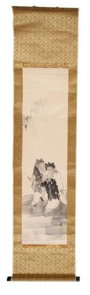 JAPON
Peinture en hauteur, encre et polychromie sur papier, deux hoho debout. Montée en kakemono.H.: 121 cm