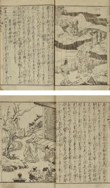 Albums JaponaisJAPON - XIXe siècle
Kuniteru: Deux ehon en noir et blanc représentant des légendes. Daté de Bunka 11 (1814).(Trous de ver).Dim.: 22,5 x 15 cm