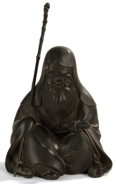 Epoque MEIJI (1868 - 1912)
Statuette de jurojin assis tenant un rouleau en bronze à patine brune. Signé Kiyomitsu.H.: 17,5 cm