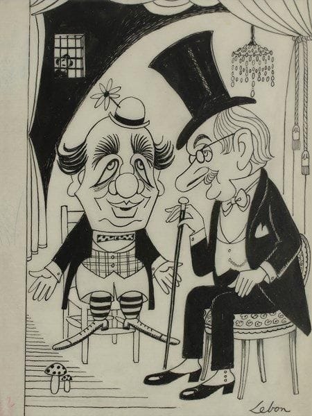 [Jean ANOUILH (1910-1987)]. André LEBON (1918-1996). Jean Anouilh et Eugène Ionesco. Dessin à l?encre de Chine, signé en bas à droite; 20 x 14 cm (encadré). Anouilh est en habit, Ionesco en clown