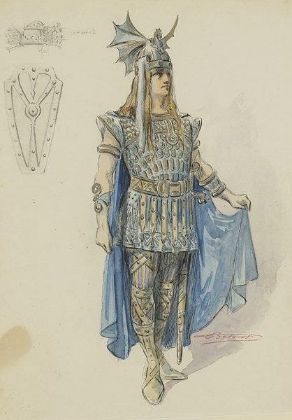 COSTUMES. Charles BÉTOUT (1869-1939). Maquette de costume pour Lohengrin, gouache originale, cachet de l?atelier en bas à droite; 30 x 22 cm (encadrée). 