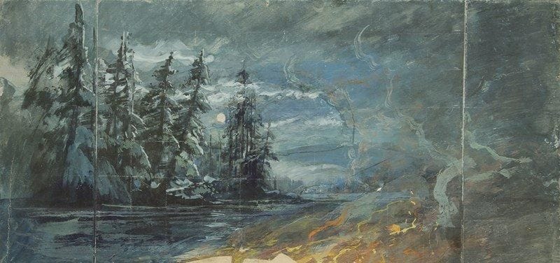 DÉCORS. 2 maquettes. Paysage fantastique: lac et forêt sous la lune (peut -être pour Guillaume Tell), gouache, 30 x 60 cm, état moyen.{CR} Rideau de scène, avec vue sur un parc orné d?un portique, dessin aux trois crayons, 38 x 48 cm, dans le genre de Charles Séchan (1803-1874)
