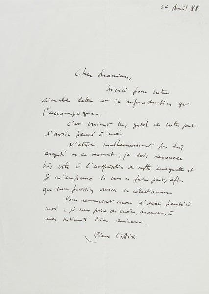 Pierre ÉTAIX (né 1928)
L.A.S., 26 avril 1988; 1 page in-4. ... «N?étant malheureusement pas très argenté en ce moment, je dois renoncer très vite à l?acquisition de cette maquette»..