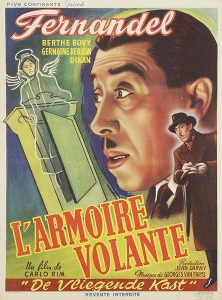 [Carlo RIM (1905-1989)]
Affiche et dessin pour le film L?Armoire volante (1948). Affichette belge (Impr. Verstegen, Bruxelles; 50 x 36 cm, entoilée).{CR} Dessin original par André LEBON (remonté, coupure de presse jointe), représentant Fernandel et Berthe Bovy sur la rivière (29 x 39 cm, cachets d?atelier)