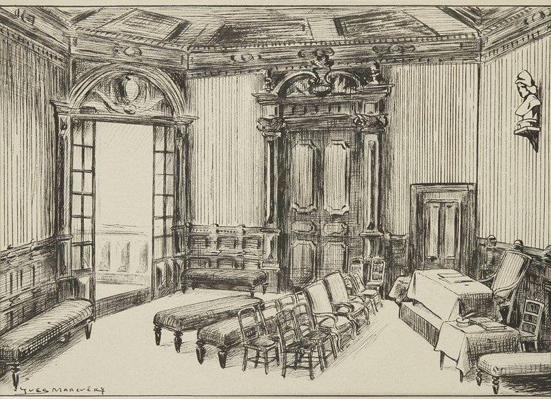 [Georges FEYDEAU]. Yves MAREVERY (1888-1914). 2 maquettes originales pour les décors d?Occupe-toi d?Amélie, [1908], dessins à l?encre de Chine, signés en bas; 21 x 30 et 17 x 32 cm. Décors pour l?acte II (la Chambre, et la Mairie) de cette pièce créée au Théâtre des Nouveautés le 15 mars 1908. Strictement conformes aux indications de l?auteur, ces dessins proviennent d?ailleurs de ses archives, puis de la collection d?Alain Feydeau.{CR} On joint l?affichette pour la Belgique du film Occupe-toi d?Amélie de Claude Autant-Lara, en 1949, avec Jean Desailly et Danielle Darrieux (Ateliers Panneels, Bruxelles, entoilée, 54 x 37 cm)