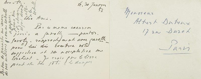 Pierre FRESNAY (1897-1975)
5 L.A.S., 1953-1954, à Albert Dubeux; 13 pages formats divers, enveloppes. Belle correspondance à son biographe. Neuilly 30 janvier 1953. Il se réjouit de l?accord de Bernard Gavoty pour la préface et pense «que le livre peut être très joli. Le danger est dans l?abondance des citations de presse qu?on serait tenté de faire. Il est curieux de constater que la critique à l?égard d?Yvonne Printemps a fait souvent un effort et a souvent renouvelé à son bénéfice son attirail de formules»... Ouchy 3 janvier 1954. Il n?a pas encore renvoyé le contrat pour son livre Je suis comédien; signer un livre sur le théâtre l?impressionne... «Si j?ai quelque chose à dire de valable sur mon métier, ce doit être sur un plan technique très simple - très modeste - sans déclaration de principes essentiels - sans jugement surtout sur d?autres personnalités théâtrales»... Il ne voit pas le plan de l?ouvrage et s?inquiète des délais: tournée, grève des postiers, répétitions à commencer dès son retour, puis le cinéma reprendra ses droits - et il ne sait pas faire plusieurs choses à la fois ! « Nous ferons ensemble ce petit bouquin en volant par-ci par-là quelques journées à ma vie encombrée et quand il sera fait nous en avertirons Gavoty qui le prendra si sa collection existe toujours, ou nous le placerons ailleurs si elle n?existe plus»... Aix-les-Bains 9 janvier, au sujet de L?Art de la lecture d?Ernest Legouvé, trouvé dans une brocante, où il trouve «ce que j?aurais voulu écrire, ou voulu que nous écrivions ensemble, sur l?Art du Comédien. Tout y est dit de la façon la plus simple, la plus objective, la plus juste sur ce moyen d?expression que j?ai choisi et qui, avant d?avoir lu cet ouvrage, me semblait échapper à l?analyse. Sa lecture a été pour moi un enchantement presque constant»... Peu après, il envoie et commente une citation de Voltaire sur «le rôle de l?e muet dans le rythme de notre langue»... Neuilly 24 novembre, au sujet du service de presse de leur livre: «Vous savez que j?ent