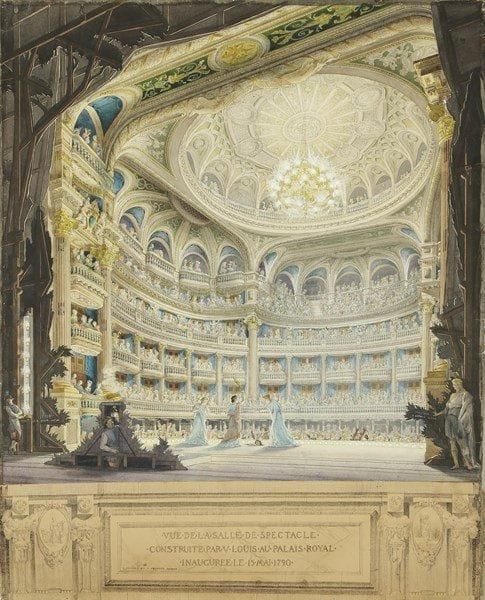 Paul GUADET (1873-1931) et Henri PRUDENT
Vue de la salle de spectacles construite par V. Louis au Palais Royal inaugurée le 15 mai 1790. Aquarelle originale, titrée et signée en bas sur le cartouche; 88 x 69 cm (encadrée). Magnifique et célèbre représentation de la fameuse salle construite par Victor Louis où s?installa la Comédie Française.{CR} Cette salle très vaste fut commandée à Victor Louis par le duc d?Orléans, propriétaire du Palais-Royal (ancien Palais Cardinal), pour servir de cadre à l?Opéra: on distingue bien ici, entre mille détails précieux, la fosse d?orchestre et les musiciens. Il s?agissait en fait de transformer tout le Palais-Royal et d?ordonner un ensemble architectural comportant théâtre, galeries couvertes et maisons d?habitation. Les travaux, commencés en 1786, durèrent quatre années. L?architecte utilisa largement le fer dans la construction des charpentes du théâtre. Imitant son heureuse disposition du Grand Théâtre de Bordeaux, Victor Louis couvrit la salle d?une coupole sur pendentifs, accompagnée de trois culs-de-four.{CR} On reste stupéfait devant l?amoncellement des loges, réparties sur quatre étages, dans le plafond et jusque dans le cadre de scène. Certaines colonnes, creuses, comportent même une place assise. Il est probable qu?une bonne moitié des 2.000 spectateurs ainsi entassés ne devaient rien voir. Est-ce pour cela que la troupe de l?Opéra, installée boulevard Saint-Martin, refusa de se déplacer ? Toujours est-il qu?inauguré le 15 mai 1790, ce «Théâtre du Palais-Royal» devait accueillir l?année suivante les transfuges de la Comédie Française, dirigés par Talma. Après l?incendie de l?Odéon en 1799, les artistes de la «Maison de Molière», à nouveau réunis, furent tout heureux de s?installer dans ce «Théâtre Français» - dont les murs abritent toujours aujourd?hui la Société des Comédiens Français. La salle fut remaniée à plusieurs reprises: dès 1799, puis essentiellement en 1822, 1833, 1840, 1864 et 1879. En 1893, l?architecte Guadet, chargé de remplacer l?éclairage au ga