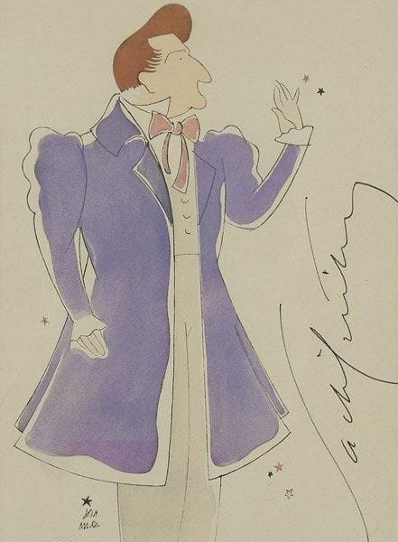 Sacha GUITRY. Portrait par Jan MARA avec la grande signature autographe de Sacha Guitry; 22 x 17 cm (encadré). Illustration colorée au pochoir de Jan Mara, extraite de son recueil Les Trois coups... de crayon. Préface de Jean Sarment (Odette Lieutier, 1944), représentant Sacha Guitry dans Vive l?Empereur