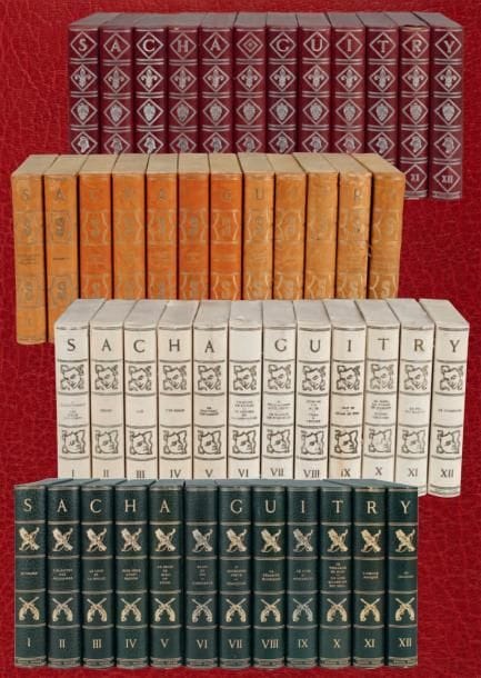 Sacha GUITRY
Oeuvres (Raoul Solar, 1949-1957); 48 volumes in-8 en 4 séries de 12 volumes chacune, brochés sous emboîtages d?éditeur, chaque série formant le nom Sacha Guitry sur les dos. Ensemble des quatre séries d?oeuvres «complètes», en éditions en partie originales, et illustrées. Comme toujours, les emboitages, très fragiles, comportent des accidents - mais les volumes qu?ils contiennent sont en parfait état, beaucoup étant neufs et non coupés. Une note de l?éditeur explique comment la maladie a empêché l?auteur de signer l?avant-dernier tome... Étuis frottés comme souvent, notamment ceux en basane blanche.{CR} Grand admirateur de Sacha Guitry, Raoul Raviola dit Raoul Solar, d?origine italienne, avait fondé sa maison d?édition à Monte-Carlo en 1943. Après la Libération, au sein même d?une époque assez hostile à l?égard du Maître, il imagina de lui consacrer une collection de grand prestige, supervisée par Sacha Guitry, qui choisit lui-même ses titres et ses illustrateurs (la plupart étant des artistes de renom) mais refusa tout appareil critique et n?eut pas la force de rédiger les présentations envisagées; l?achèvement cette vaste collection de 48 volumes exigea beaucoup de temps; exécuteur testamentaire de Guitry, Raoul Solar disparut malheureusement en 1958, soit un an à peine après lui.{CR} 1. 500 ans d?Histoires de France (1949-1950). Un des 115 exemplaires sur chiffon à la forme des Moulins de Faya, filigranés au nom de Sacha Guitry, signés par l?auteur (n° H, un des 25 HC); emboîtages demi-basane bordeaux, dos ornés à l?argent de lys, aigle et bonnet phrygien. Histoires de France (ill. par G. Arnoux, Galanis, Gradassi, Jadoux, Lepape, Touchagues, R. Wild); Frans Hals (Galanis); Jean de La Fontaine (G. Lepape); Le Bien-Aimé (G. Arnoux); Mozart (Gradassi); Beaumarchais (Jadoux); Cinq Comédies (Arnoux, Brissaud, Ciry, Touchagues, Wild); Talleyrand (P. Brissaud); Deburau (J. Boullet); Mariette (Touchagues); Pasteur (R. Wild); Béranger, etc. (Arnoux, Boullet, Ciry, Gradas