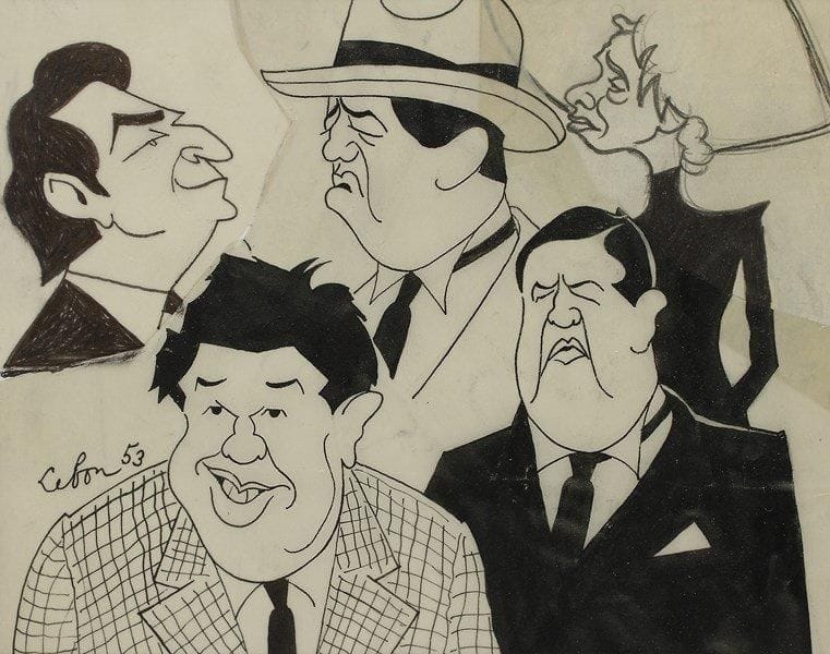 André LEBON (1918-1996)
La Vie d?un honnête homme, 1953. Dessin original à l?encre de Chine et crayon noir, signé et daté 53 en bas à gauche, sur calque découpé et remonté; 18 x 21 cm (encadré). Le dessin évoque le film La Vie d?un honnête homme, sorti sur les écrans en février 1953, avec Michel Simon dans le double rôle principal; il rassemble Sacha Guitry, Michel Simon (3 fois) et Marguerite Pierry