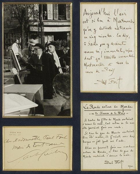 Paul FORT (1872-1960)
2 P.A.S., encadrées avec une photographie et une L.A.S de Sacha Guitry. Très belle réunion. Photographie originale (24 x 15 cm, tirage argentique), montrant Sacha Guitry, Paul Fort et Utrillo, place du Tertre, pendant le tournage du film Si Paris nous était conté (1956). P.A.S. de Paul Fort (1 page in-8) évoquant cette scène: «Aujourd?hui l?air est si bon à Montmartre qu?on y devient centenaire en cinq minutes. En dix, ô Sacha, on y devient, comme toi, immortel, cependant qu?Utrillo immortalise Montmartre et tous les coeurs de Paris.». Manuscrit autographe signé du célèbre poème: La Ronde autour du Monde ou la Chanson de la Paix («Si toutes les filles du Monde voulaient s?donner la main»...), daté 1941. L.A.S. de Sacha Guitry à Paul Fort (carte à en-tête de la villa Gioia Mia au Cap d?Ail): «Cher et admirable Paul Fort, Merci de tout coeur, Sacha Guitry».{CR} On joint une L.A.S. de Paul Fort à Sacha Guitry, [1953] (1 p. in-8): «Me voilà Commandeur de la Légion d?Honneur. Je comptais sur des Obsèques Nationales au bout de mes peines et de mon Zèle. On fixe à ma boutonnière une pierre tombale petit modèle»... Plus un carton d?invitation à un cocktail à la Closerie des Lilas en l?honneur du Prince des Poètes le 8 juin 1956, complété à la main par Paul Fort pour Monsieur et Madame Sacha Guitry