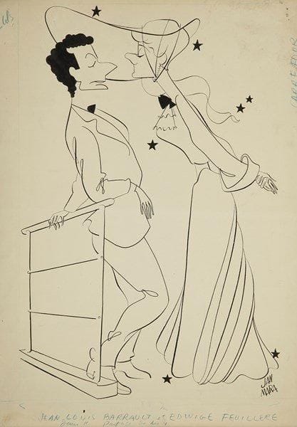 Jan MARA (1912-1992). Jean-Louis Barrault et Edwige Feuillère dans "Partage de Midi", [1948]. Dessin original à l?encre de Chine, signé en bas à droite; 50 x 34 cm (encadré). Belle composition avec les deux créateurs de la pièce de Paul Claudel, Partage de Midi, au Théâtre Marigny le 16 décembre 1948: Jean-Louis Barrault en Mesa et Edwige Feuillère en Ysé. Le dessin a été publié dans Carrefour