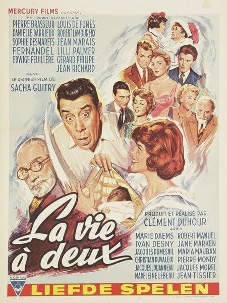 D?après J. MASCII
Affiche pour le film La Vie à deux, 1958. Affichette belge impr. par Maurice Panneels à Bruxelles. 50 x 37 cm (entoilée). Réalisé par Clément Duhour après la mort de Guitry, d?après des extraits de plusieurs pièces, le film rassemble une belle distribution (Pierre Brasseur, Danielle Darrieux, Fernandel, Edwige Feuillère, Jean Marais, Gérard Philipe, etc.); il sort sur les écrans le 24 septembre 1958