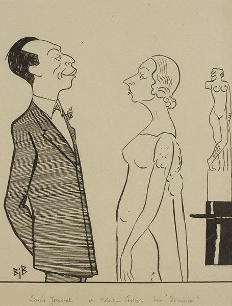 [Louis JOUVET]
Georges Breitel dit BIB (1888-1966). Louis Jouvet et Valentine Tessier dans Domino. Dessin original à l?encre de Chine, signé en bas à gauche; 29 x 23 cm. Domino, comédie de Marcel Achard, fut créée par Louis Jouvet, avec Valentine Tessier, à la Comédie des Champs-Élysées le 3 février 1932