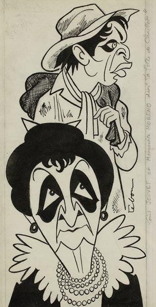 [Louis JOUVET]
André LEBON (1918-1996). Louis Jouvet et Marguerite Moreno dans La Folle de Chaillot. Dessin original à l?encre de Chine et lavis, signé au centre à droite; 32 x 17 cm (encadré). La pièce de Jean Giraudoux fut créée le 22 décembre 1945 au Théâtre de l?Athénée par Louis Jouvet et Marguerite Moreno.{CR} On joint une P.A.S. de Marguerite Moreno (1871-1948): «La "Folle de Chaillot" est assez lucide pour se rendre compte des belles choses que Jean Giraudoux fait dire à Marguerite Moreno» (1/4 p. in-4)