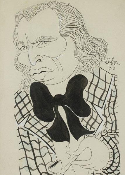 [Louis JOUVET]
Dossier sur le film Miquette et sa mère d?Henri-Georges Clouzot, 1950 (d?après la pièce de Flers et Caillavet). Louis Jouvet dans le rôle de Montchablon, dessin original d?André Lebon, encre de Chine, gouache et crayon, signé et daté 1950 vers le haut à droite(23 x 17 cm, encadré).{CR} Plaquette promotionnelle du film, joliment illustrée, et 8 photographies du film (18 x 24 cm) avec Jouvet, Bourvil, Danièle Delorme, Saturnin Fabre, Mireille Perrey, Pauline Carton et Jeanne Fusier-Gir