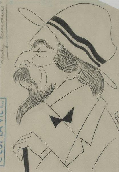 [Louis JOUVET]
Louis Jouvet dans Lady Paname, [1950]. Portrait original à l?encre de Chine par André LEBON, signé à droite; 17 x 12 cm (encadré). Beau portrait de Louis Jouvet dans le rôle du photographe Bagnolet, dans le film Lady Paname d?Henri Jeanson (1950), publié dans l?hebdomadaire C?est la vie (cachet).{CR} On joint: Nicola SABBATINI, Pratiques pour fabriquer scènes et machines de théâtre. Préface de Louis JOUVET (Ides et Calendes, Zurich 1942), ex. numéroté sur vélin chamois, grand in-8 relié demi-chagrin bleu, première édition en langue française de ce recueil de 1638
