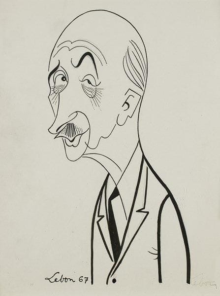 [François MAURIAC (1885-1970)]. André LEBON (1918-1996). François Mauriac, 1967. Dessin original à l?encre de Chine, signé et daté 67 en bas à gauche; 30 x 24 cm (encadré). Excellent portrait-charge