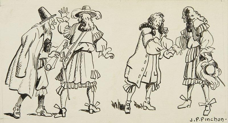 Joseph Porphyre PINCHON (1871-1953)
Personnages de Molière. Dessin original à l?encre de Chine, signé en bas à droite, [vers 1910]; 16 x 9 cm. Dessin de presse avec quatre personnages de la comédie des Fâcheux. Molière vu par le père de Bécassine !