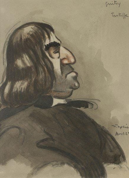 Jean TEXCIER (1888-1957)
Lucien Guitry en Tartuffe, avril 1923. Dessin aquarellé, signé et daté en bas à droite; 26 x 21 cm. Vigoureux portrait en buste de Lucien Guitry (1860-1925) dans le rôle de Tartuffe, qu?il a joué en mars-avril 1923 au Vaudeville.{CR} Ancienne collection André Bernard (n° 289)