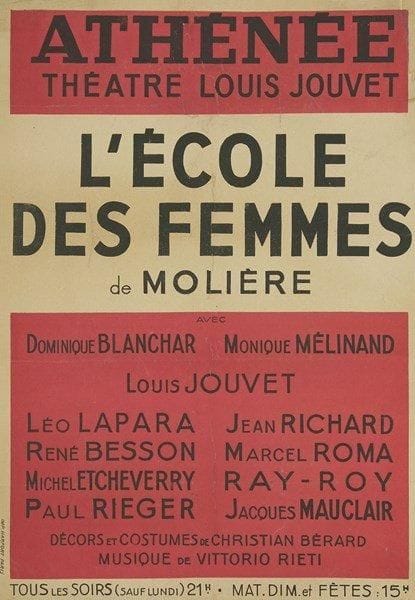Louis JOUVET (1887-1951)
P.A.S., photographie et affiche pour L?École des femmes, [1950]; 1 page obl. in-8, photo 23 x 18 cm, et affiche entoilée (54 x 37 cm). Reprise de L?École des femmes en 1950 avec Dominique Blanchar dans le rôle d?Agnès.{CR} Page où Jouvet a copié 2 vers de l?acte V de la pièce: «Si n?être point cocu vous semble un si grand bien/ Ne vous point marier en est le vrai moyen».{CR} Photographie Lipnitzki de Jouvet en Arnolphe avec Dominique Blanchar en Agnès.{CR} Affiche de l?Athénée Théâtre Louis Jouvet (impr. Harfort)