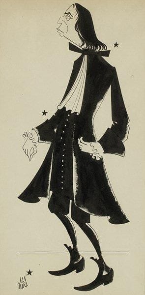 Jan Mara (1912-1992)
Louis Jouvet en Tartuffe, [1950]. Dessin original à l?encre de Chine, signé en bas à gauche; 51 x 26 cm (encadré). Remarquable portrait de Louis Jouvet (1887-1951) lors de sa mise en scène de Tartuffe, dont il incarnait le rôle-titre, créée à l?Athénée le 27 janvier 1950.{CR} Album Molière (Pléiade, n° 237)